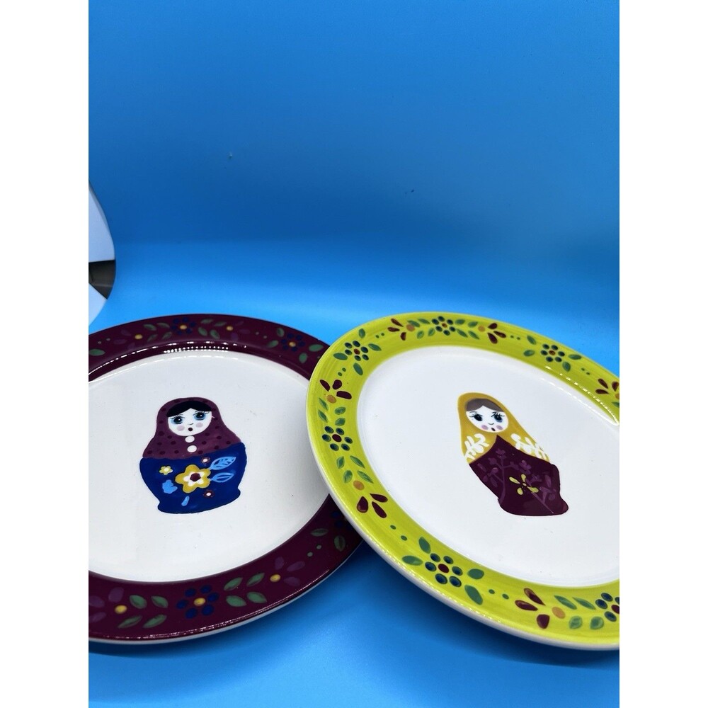 2 World Market Nesting Doll 8" Salad Plates yellow red white colorful unique
